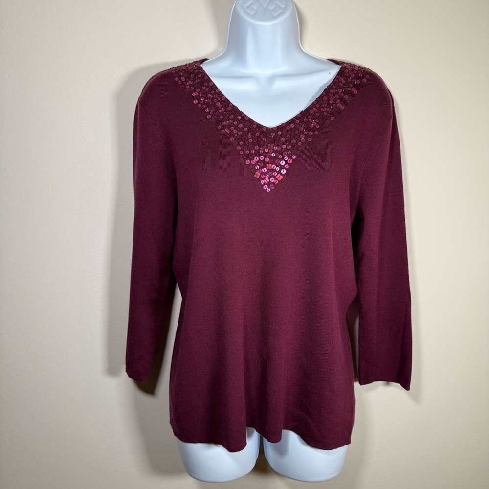 NWT Field Gear Women’s Bristol Ruby Red V-Neck Pullover Beaded Silk Sweater M